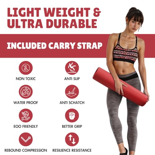 Thick Yoga Mat for Exercise & Pilates – Non Slip Yoga Mats with Strap, Extra Wide Gym Matt for Home, Lightweight & Durable Pilates Mat for Studio Fitness