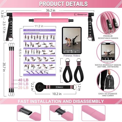 Portable Pilates Bar Kit with Resistance Bands for Men and Women - 3 Set Exercise Resistance Bands - Multifunctional Home Gym - Supports Full-Body Workouts – with Fitness Poster and Video