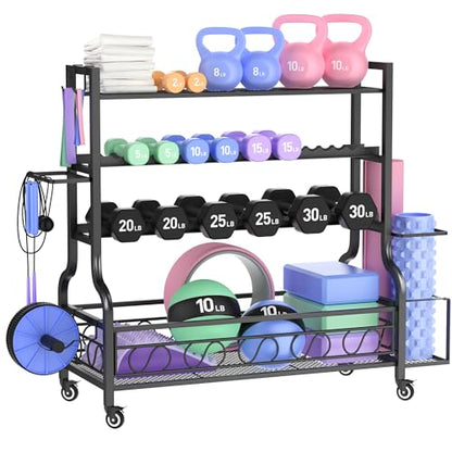 PARTPHONER Dumbbell Weight Rack, Home Gym Storage for Kettlebells Yoga Mat and Balls, All in One Workout Storage with Wheels and Hooks, Powder Coated Finish Steel - size: 49.6"(L)x15.8"(W)x39.8"(H)