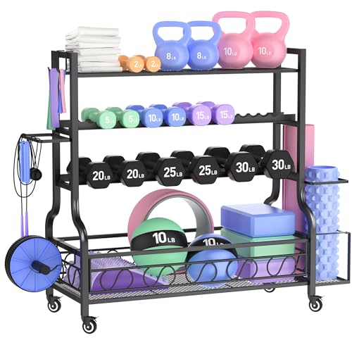 PARTPHONER Dumbbell Weight Rack, Home Gym Storage for Kettlebells Yoga Mat and Balls, All in One Workout Storage with Wheels and Hooks, Powder Coated Finish Steel - size: 49.6"(L)x15.8"(W)x39.8"(H)