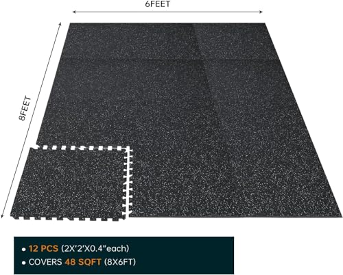 0.46" Thick 48 Sq Ft Rubber Top High Density EVA Foam Exercise Gym Mats 12 Pcs - Interlocking Puzzle Floor Tiles for Home Gym Heavy Workout Equipment Flooring - 24 x 24in Tile, Black & White