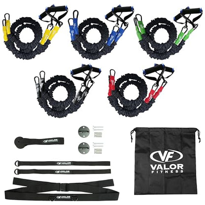 Valor Fitness Resistance Bands - 5lb to 25lbs - Carabiners Attached & 2 Bands per Weight Option with Handles– Sheath Covered - Strength Training New Compact 39" Design - Wall Door Rack Mount Options - color: Black - RTS-SET