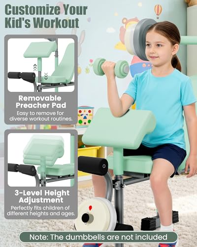 Kids Workout Equipment, Adjustable Kids Workout Bench with Preacher Pad & Leg Developer, Fillable Weight Plates for Home Gym Fitness & Exercise