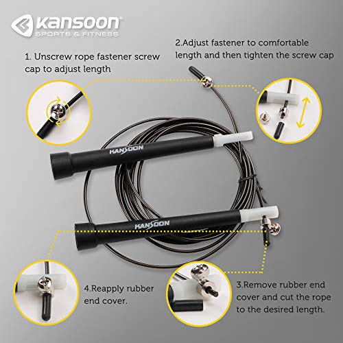 KANSOON Speed Jump Rope with Advanced Ball Bearing System, Aluminum Handles, 10’ Adjustable Wire Cable, for Boxing Cardio HIIT Workouts and Home Gym Fitness Exercise (Steel, Black)