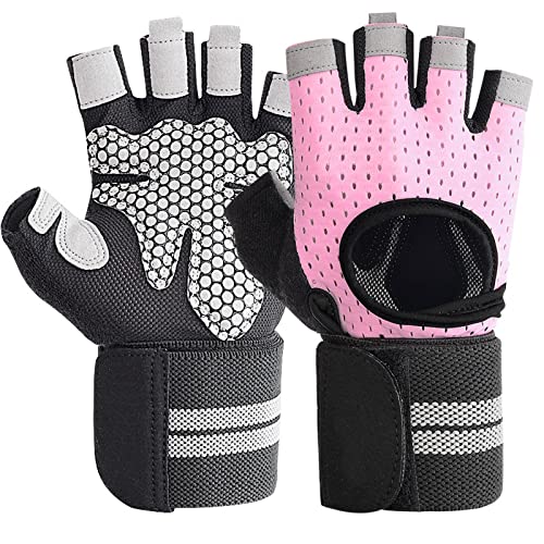 SUJAYU Weightlifting Gym Gloves for Men Women, Breathable Workout Gloves, Anti-Slip Exercise Gloves, Adjustable Wrist Support, Full Palm Protection, Lightweight - color: Pink, size: Medium