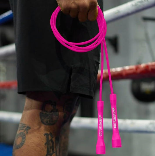 JDU Athletics Speed Series I Made For Boxing 20% Heavier Than Standard PVC Tangle-Free Boxer's Jump Rope, Size Adjustable, Indestructible Handles, Double Unders, Beginners and Experts - color: Blossom Pink 11FT