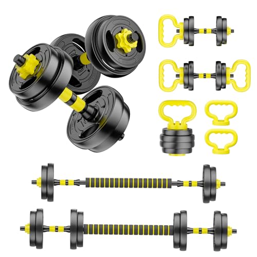 Adjustable Dumbbell Set, 10-90lbs Free Weights with Connector – 4 in 1 Dumbbells, Barbell, Kettlebell & Push Up Stand, Adjustable Weights Set for Home Gym Fitness Equipment for Men & Women - color: Yellow 30lbs (15lbs*2)