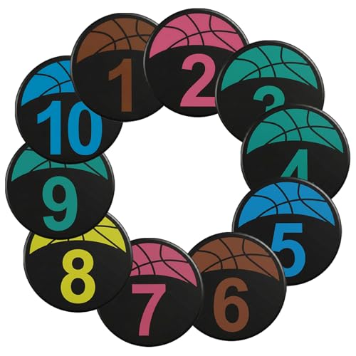Okllen Set of 10 Basketball Poly Spots Markers, 9" Numbered Floor Dots with Storage Bag, Non-Slip Rubber Agility Training Markers for Gym, Court, Sports Drills & Coaching