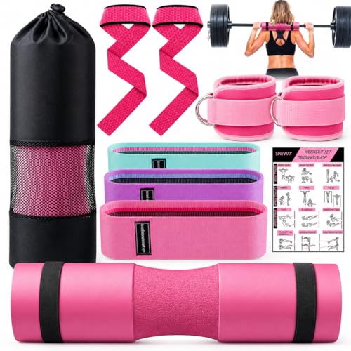 Barbell Pad Set for Squat,10 PCS Hip Thrusts Workout Foam Weight Lifting Bar Cushion with 2 Gym Ankle Straps,3 Hip Resistance Bands,2 Lifting Strap,Barbell Pad and Carry Bag - color: Pink
