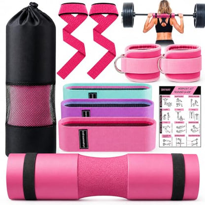 Barbell Pad Set for Squat,10 PCS Hip Thrusts Workout Foam Weight Lifting Bar Cushion with 2 Gym Ankle Straps,3 Hip Resistance Bands,2 Lifting Strap,Barbell Pad and Carry Bag - color: Pink