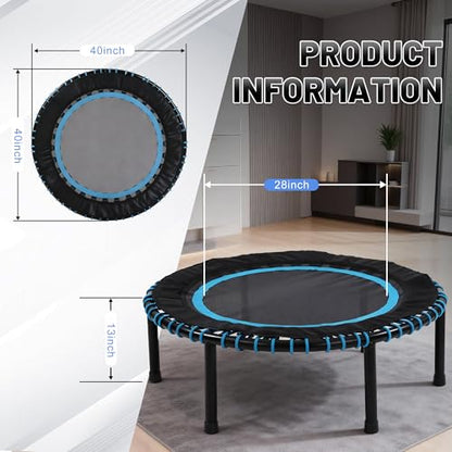 40"/48" Fitness Rebounder Trampoline with 4-Level Adjustable Foam Handle, Quiet and Stable Exercise Trampoline for Kids Adults, Indoor/Outdoor Mini Trampoline - color: Blue
