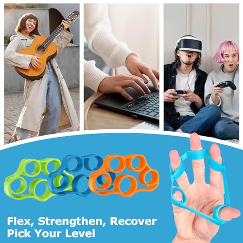 Hand Grip Strengthener Rings, Finger Strengthener Resistance Bands for Guitar/Piano Exercising, Climbing, Arthritis Therapy, Set of 3 Resistance Levels (6 PCS)