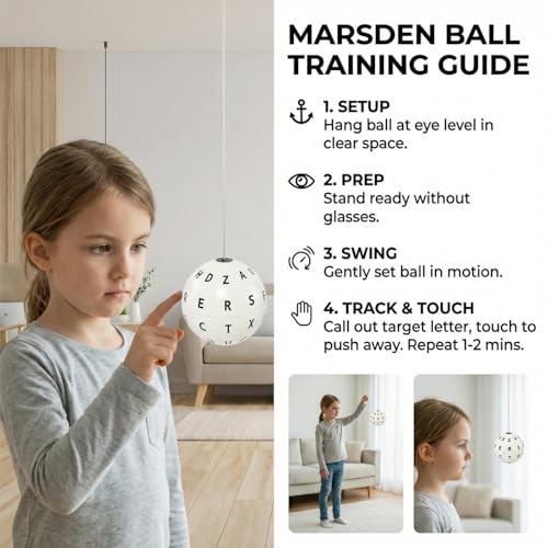 Marsden Ball for Visual Tracking & Focus – Adjustable Letter Ball on a String with Ceiling Hooks & Guide – Home Vision Training Tool for Hand Eye Coordination & Reflex Development