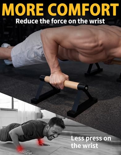 Wood Push Up Bar Set, 2PCS Non-Slip Handstand Bars, Parallettes Bars for Calisthenics and Push-Up Workouts, Solid Wood Grip with Metal Frame, Supports 550 LBS