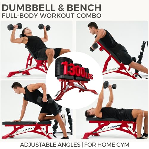 RitFit Rubber Coated Hex Dumbbell Set with Rack, 5-780LB for Home Gym Strength Training, Anti-Slip Knurled Handle, Hexagon Anti-Roll, Heavy-Duty Storage Rack - style: 300 LB Set with Red Adjustable Weight Bench (10-50LB）