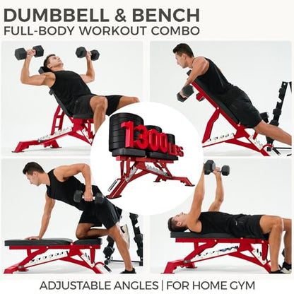 RitFit Rubber Coated Hex Dumbbell Set with Rack, 5-780LB for Home Gym Strength Training, Anti-Slip Knurled Handle, Hexagon Anti-Roll, Heavy-Duty Storage Rack - style: 300 LB Set with Red Adjustable Weight Bench (10-50LB）