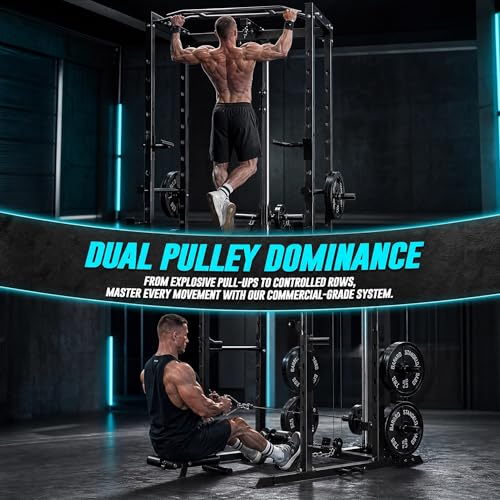 KOPUS Power Rack with Pulley System – Multi-Functional Power Cage Squat Rack, LAT Pull Down, J Hooks & Safety Bars – 1200 lbs Home Gym Equipment – 5 Configurations - size: Cage + Pulley + Bench