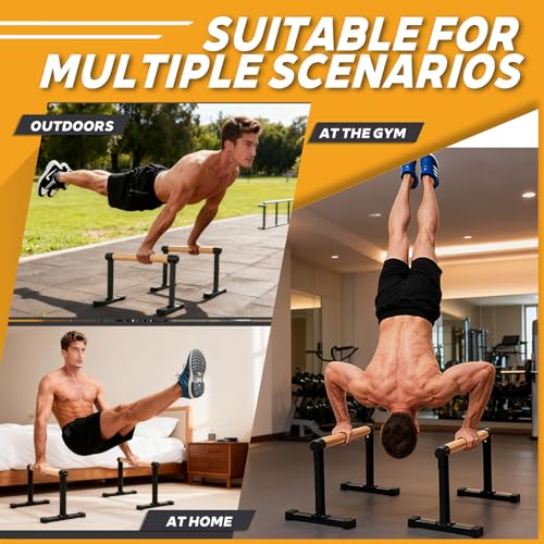 Wooden Parallel Bars 20" Length 12" Height,Dip Bar with Thick Beech Handles, Push-up stands for Handstand, L-Sit, Gymnastics, Strength Training Home Gym,Anti-slip Mats, Easy to Install,700lbs