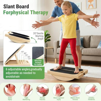 Wooden Slant Board, 2-in-1 Adjustable Calf Stretcher, 300lb