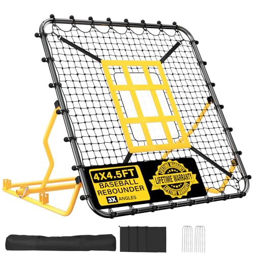 Utheer Baseball Rebounder Net 4x4.5FT Pitch Back Trainer with Strike Zone & 9-Grid Target for Baseball Softball Soccer Volleyball Lacrosse - 3 Adjustable Angles | Steel Frame UV Net | Foldable