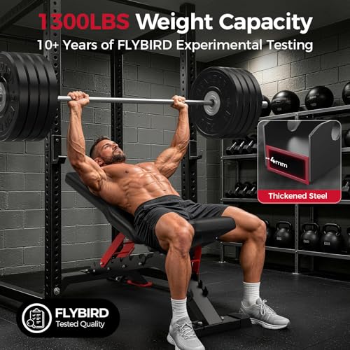 FLYBIRD WB7 Weight Bench, Commercial Grade Adjustable Weight Bench - 1300LBS Workout Bench for Home Gym, Flat Incline Bench Press Heavy Duty Bench with 34'' Extra-Long Backrest and Easy-Roll Wheels
