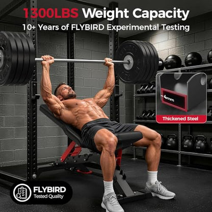 FLYBIRD WB7 Weight Bench, Commercial Grade Adjustable Weight Bench - 1300LBS Workout Bench for Home Gym, Flat Incline Bench Press Heavy Duty Bench with 34'' Extra-Long Backrest and Easy-Roll Wheels