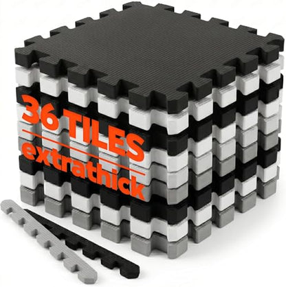 Foam Play Mat for Floor - 36 Interlocking Tiles 71x71 in, 0.6" Thick Puzzle Mat for Baby, Toddler & Home Gym, Cross-Texture EVA Foam, Edge Borders Included, Black White Gray