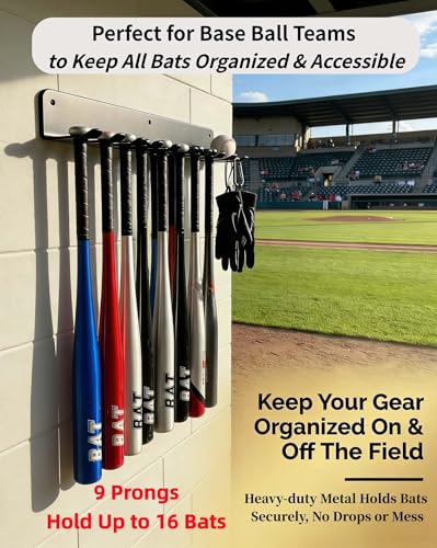 3MM Thickened Steel Wall Mount Baseball Bat Rack, Home Gym Storage Rack, 9 Prong Heavy-Duty Gym Equipment Storage Rack, Softball Bat Holder, Hanging Bat Rack Wall, Barbell Rack, Weight Room Organizer
