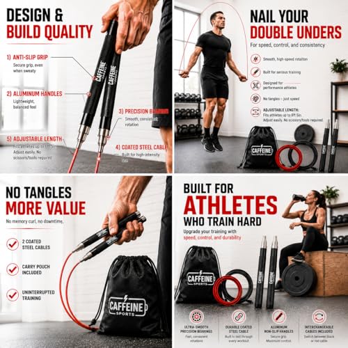 Speed Jump Rope, Adjustable Tangle-Free Skipping Rope with Lightweight Handles, Smooth 360° Swivel Bearings, 2 Steel Cables, Carrying Case Included