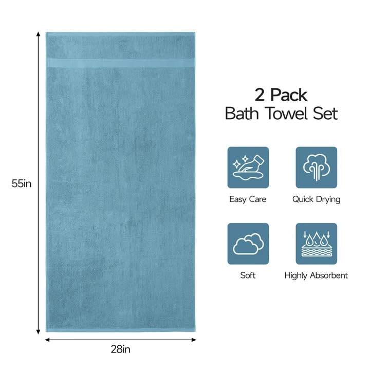 ecolook 2 Pack 100% Cotton Bath Towels, 28 x 55 Inches, Soft | Lightweight, Highly Absorbent & Quick Dry Body Towels for Bathroom, Shower, Gym & Daily Use, Blue - color: Blue