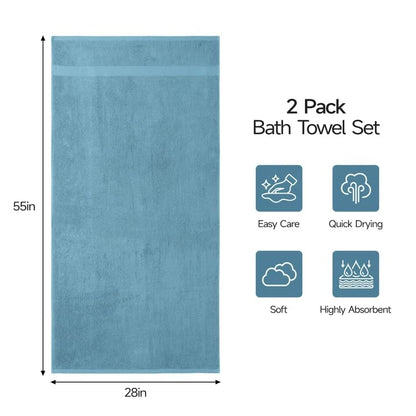 ecolook 2 Pack 100% Cotton Bath Towels, 28 x 55 Inches, Soft | Lightweight, Highly Absorbent & Quick Dry Body Towels for Bathroom, Shower, Gym & Daily Use, Blue - color: Blue