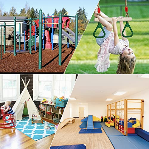 Trapeze Swing Bar with Rings, Wooden Trapeze Swing Bar with Plastic Gym Rings Adjustable Rope, Locking Straps, Outdoor Swing Set Playground Accessories for Kids (Green)