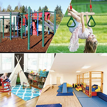 Trapeze Swing Bar with Rings, Wooden Trapeze Swing Bar with Plastic Gym Rings Adjustable Rope, Locking Straps, Outdoor Swing Set Playground Accessories for Kids (Green)