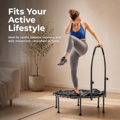 Sunny Health & Fitness 36”/40”/48” Bungee Exercise Trampoline for Adults with Adjustable Foam U-Shaped Handlebar – Home Indoor Cardio, Silent & Low Impact Bounce
