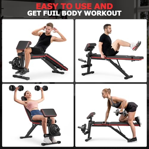 Foldable Workout Bench with Leg Extension, Adjustable Weight Bench w/Preacher Culr, Extended Headrest, Collapsible Bench for Home Gym Strength Training Exercise Full Body Banco de Pesas 880LBS