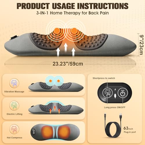 3-in-1 Electric Lumbar Support Pillow,Triple Fusion Back Massager with Heat,Vibration&Traction,Back Support Pillow for Bed and Chair,Lumbar Support Pillow for Lower Back Pain Relief&Spine Support-Gray