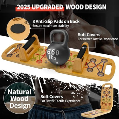 Wooden Portable Push up board, foldable fitness strength training pushup stand with solid bar grips, 2 handles for floor, professional push up training equipment for man and women