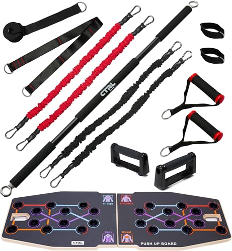 Resistance Band Bar for Fitness - Workout for Exercise, Squat, Biceps, Triceps, Shoulders, Back - Adjustable 3 Parts for Resistance Bands - Durable Portable Steel Pilates Bar - color: Black push-up board workout kit