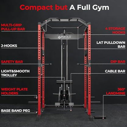 Mikolo F4 2.0 Power Cage with Dual-Track Smooth Pulley System, 1200LBS Power Rack with Leg Hold-Down for Heavy LAT Pulldowns - color: Red, size: F4 2.0 (with Bench＆Bar）