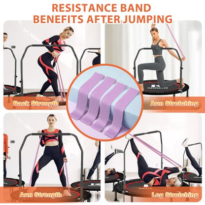 40" Mini Flodable Spring Rebounder Trampoline for Adults, Small Exercise Trampoline for Indoor Workout and Fitness, Purple Resistance Band Included, Max Load 330 LBS