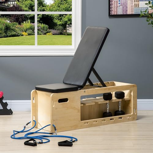 Adjustable Weight Bench with Dumbbell Rack - Compact Workout Bench with Storage Compartment, Space Saving Incline Decline Sit Up Bench for Small Spaces & Beginners, Includes Resistance Bands