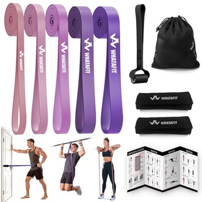 WHATAFIT Resistance Bands, 5 Level Pull Up Assistance Bands for Working Out - color: 5-125LBS PINK PURPLE+GRIP