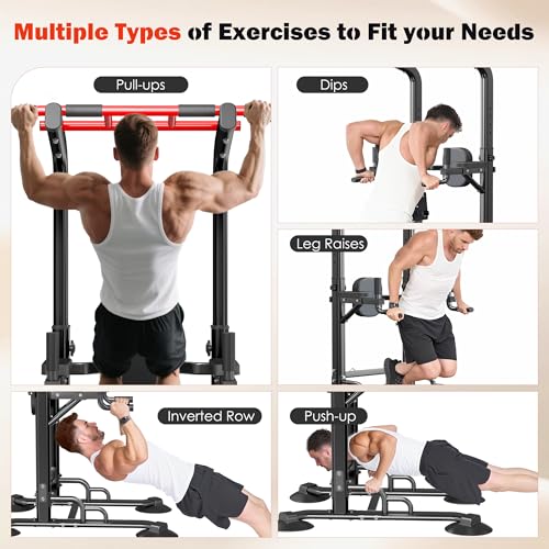 DlandHome Pull Up Bar Power Tower Dip Station, Height Adjustable Heavy Duty Workout Dip Stand, Multi-Functional Strength Training Machine for Men Women Home Gym - color: Black with Ropes