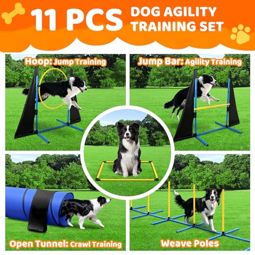 Dog Agility Course Backyard Set - Complete 11-Piece Dog Agility Equipment with Adjustable Hurdles, Jump Ring, Weave Poles, Collapsible Tunnel, Pause Box, Ball for Indoor/Outdoor Training