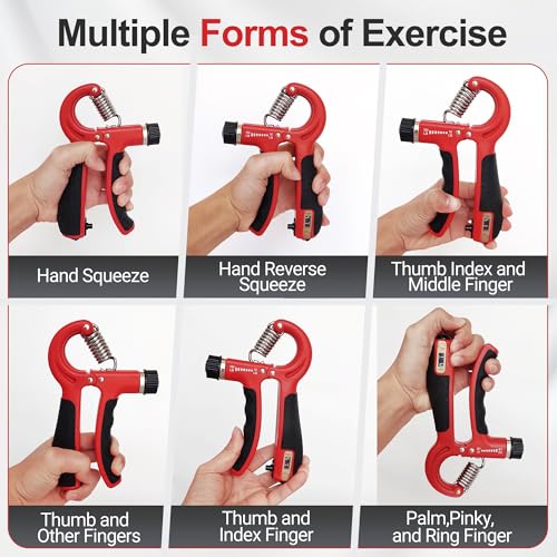 Grip Strength Trainer Kit (5 Pack) Adjustable Resistance Hand Gripper,Finger Exerciser,Hand Extension Exerciser,Stress Relief Ball and Forearm Workout Ring for Muscle Building Injury Recover - color: red