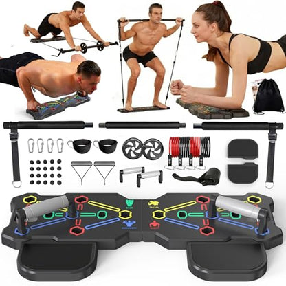 Portable Workout Equipment with 20 Gym Accessories, Push Up Board &Plank Trainer, Resistance Bands with Ab Wheel, Exercise at Home For Men and Women