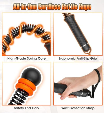 Weighted Ropeless Battle Ropes with Adjustable Spring Resistance, Quiet Cordless Battle Rope Sticks for Apartment Home Gym, Portable Workout Equipment with Weighted Handles for HIIT Cardio Training