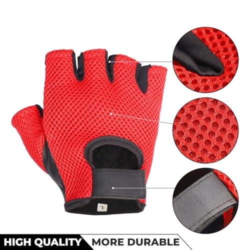 Leather MESH Fingerless Weight Lifting Exercise Gym Wheelchair Gloves Black/RED WLG-021
