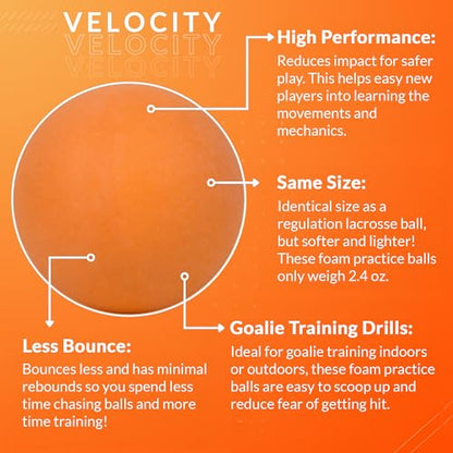 Velocity Soft Foam Lacrosse Balls, Lacrosse Soft Practice Balls for Youth, Indoor Training Lacrosse Softballs for College and High School, Same Size as Regulation