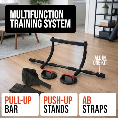 3-in-1 Pull Up Bar for Doorway – Multi-Function Home Gym with Push-Up Handles & Ab Straps, Heavy Duty Steel Chin-Up Bar, No-Screw Door Frame Workout Equipment for Pull-Ups, Dips, Sit-Ups